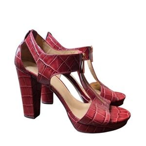 Michael Kors Red Croc Embossed T-Strap High Heel Sandals 9.5M